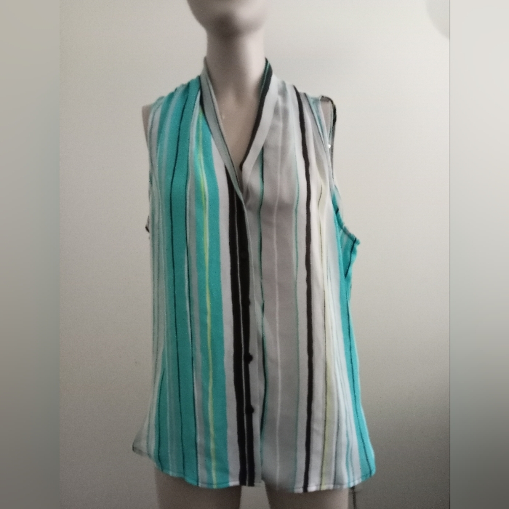 Worthington sleeveless striped blouse gray and aqua print new with tags - Picture 2 of 4